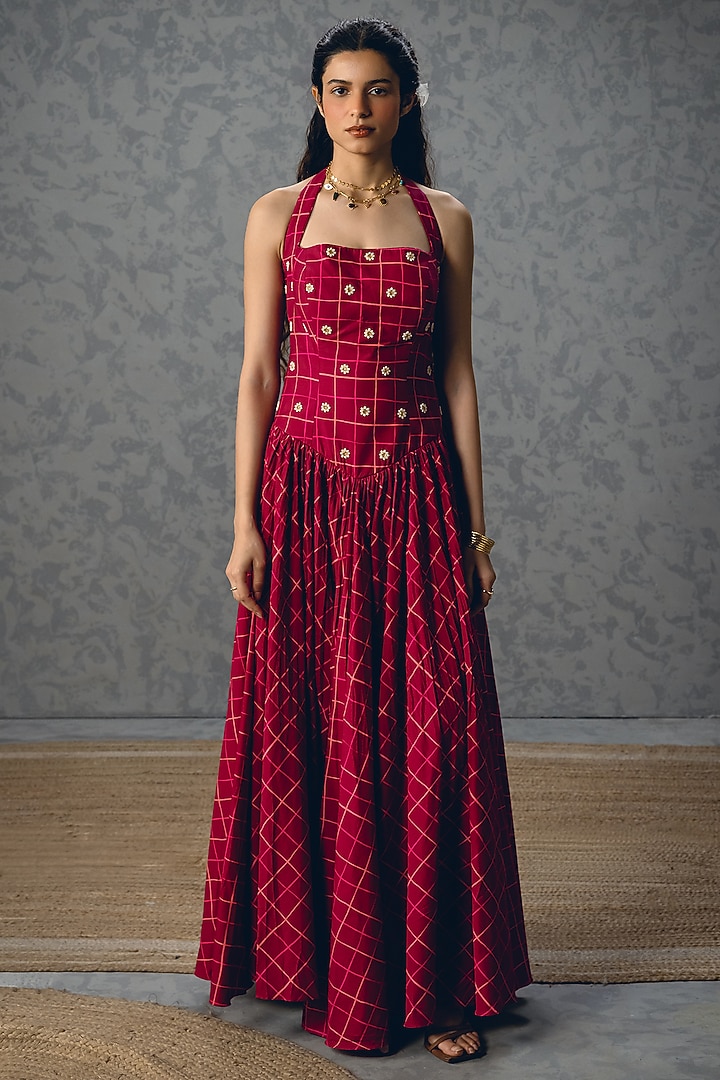 Maroon Poplin Checkered Maxi Vacation Dress by Ease at Pernia's Pop Up Shop