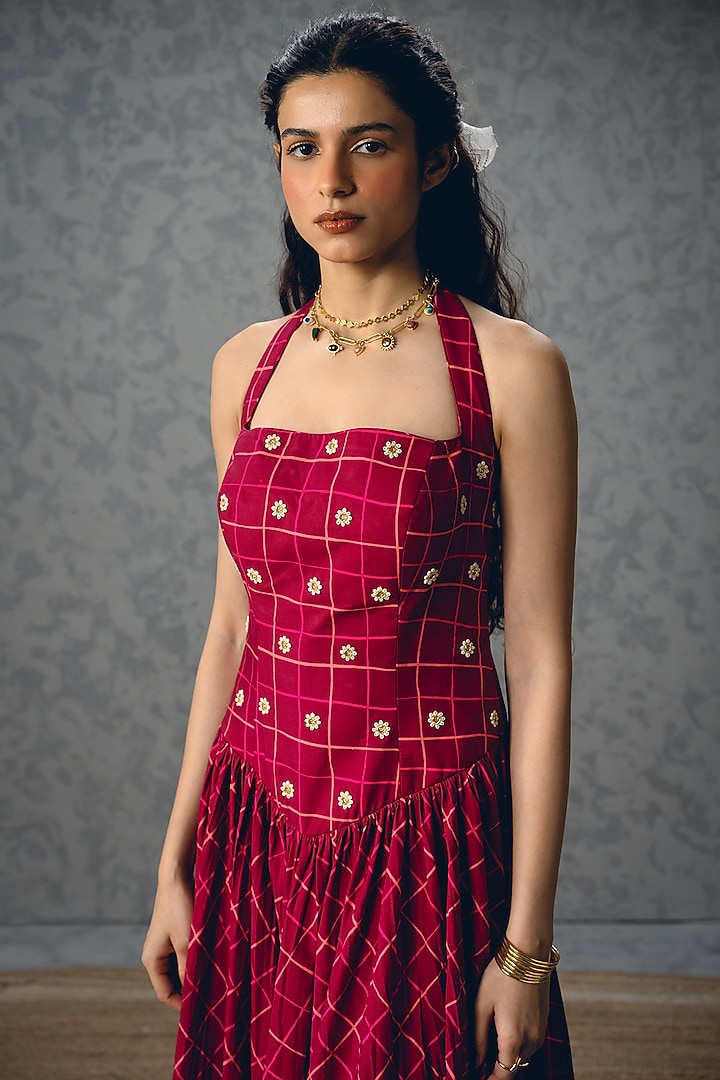 Maroon Poplin Checkered Maxi Vacation Dress by Ease at Pernia's Pop Up Shop