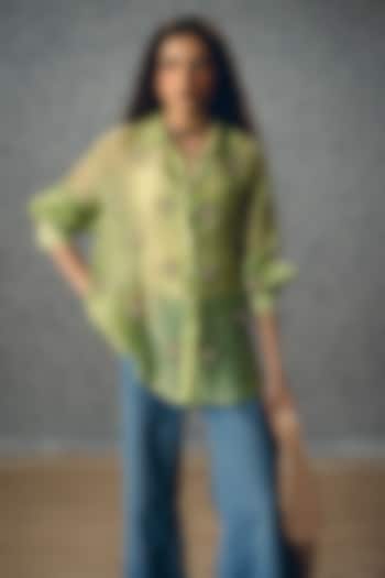 Pista Green Silk Organza Floral Embroidered Shirt by Ease at Pernia's Pop Up Shop