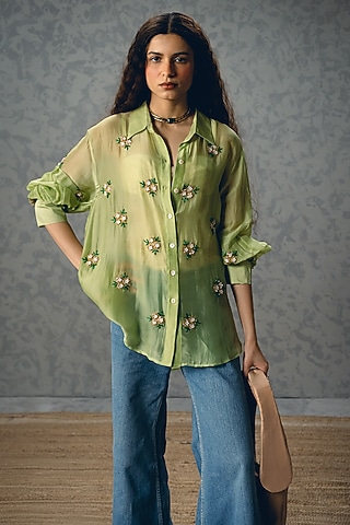 Pista Green Silk Organza Floral Embroidered Shirt by Ease