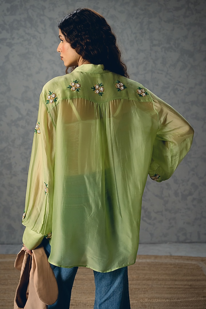 Pista Green Silk Organza Floral Embroidered Shirt by Ease at Pernia's Pop Up Shop