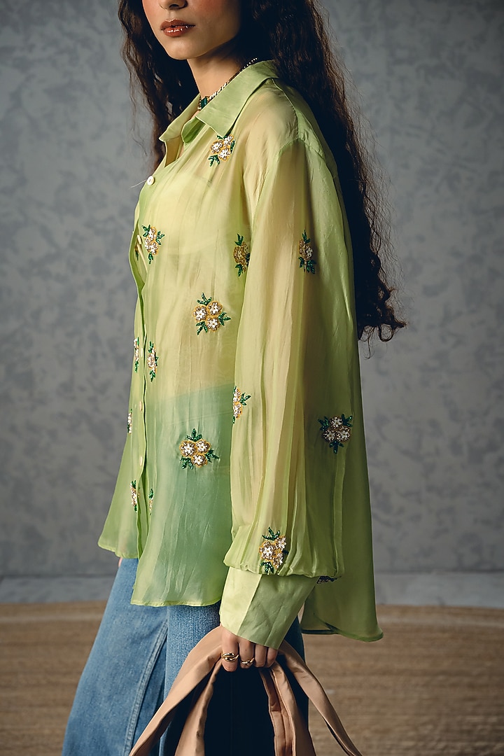 Pista Green Silk Organza Floral Embroidered Shirt by Ease at Pernia's Pop Up Shop
