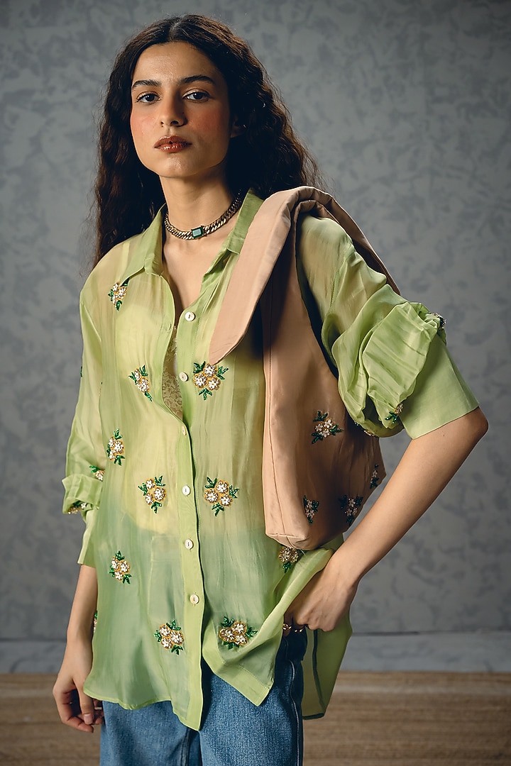 Pista Green Silk Organza Floral Embroidered Shirt by Ease at Pernia's Pop Up Shop