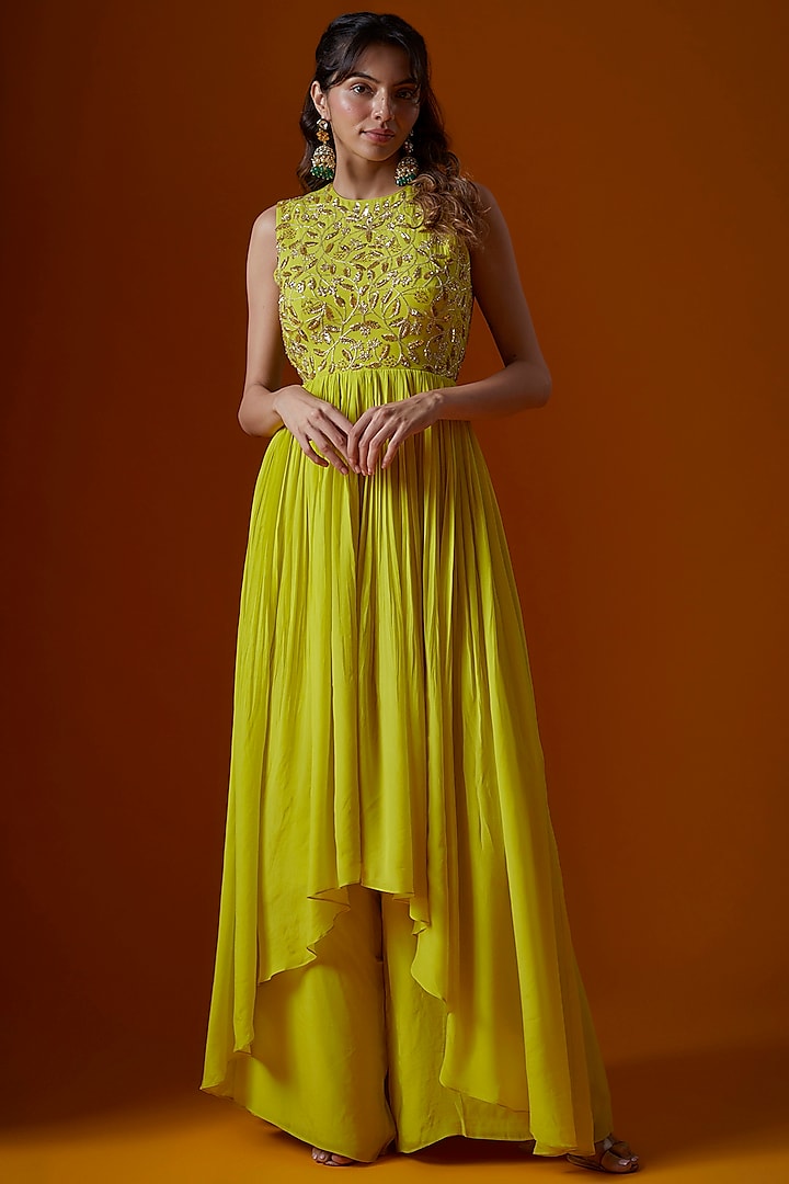 Citric Yellow Pure Crepe Embroidered High-Low Anarkali Set by Ease at Pernia's Pop Up Shop