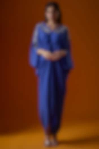 Blue Pure Crepe Embroidered Kaftan by Ease at Pernia's Pop Up Shop