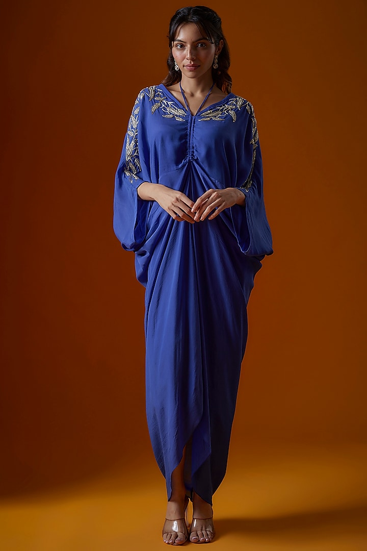 Blue Pure Crepe Embroidered Kaftan by Ease at Pernia's Pop Up Shop