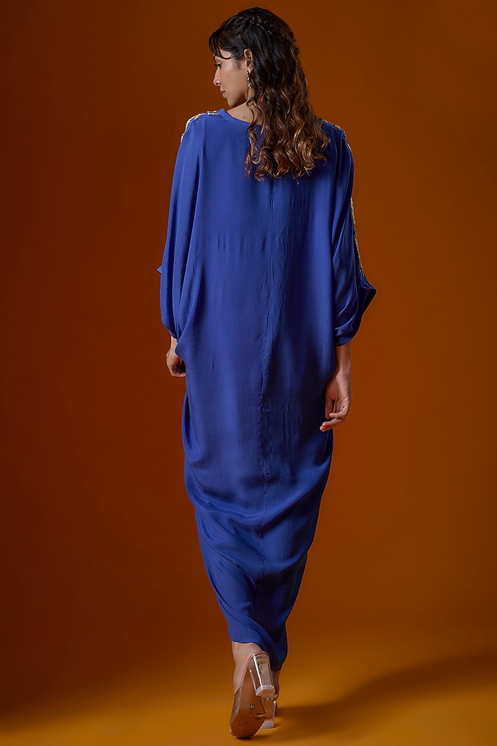 Blue Pure Crepe Embroidered Kaftan by Ease at Pernia's Pop Up Shop