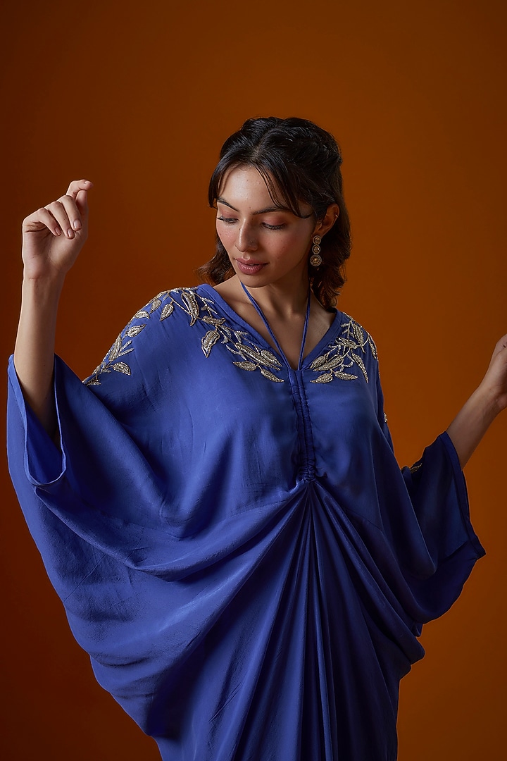 Blue Pure Crepe Embroidered Kaftan by Ease at Pernia's Pop Up Shop