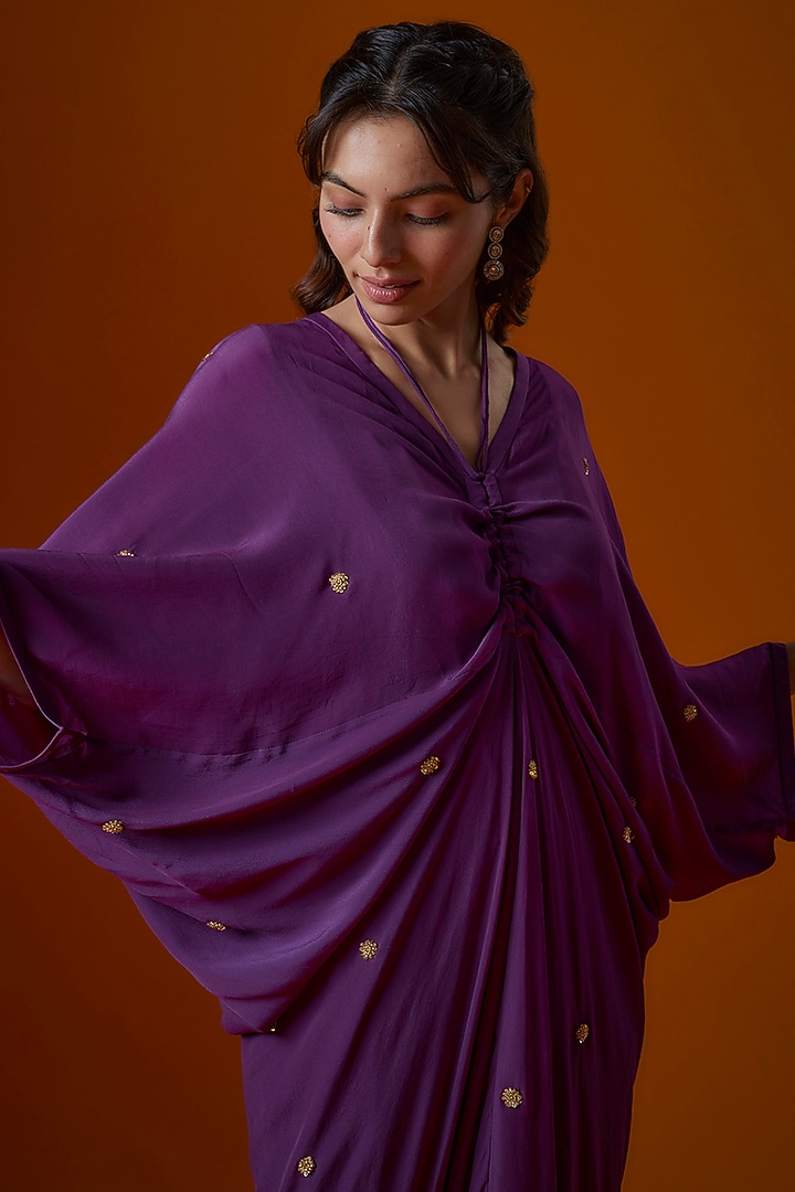 Purple Pure Crepe Embroidered Kaftan by Ease at Pernia's Pop Up Shop