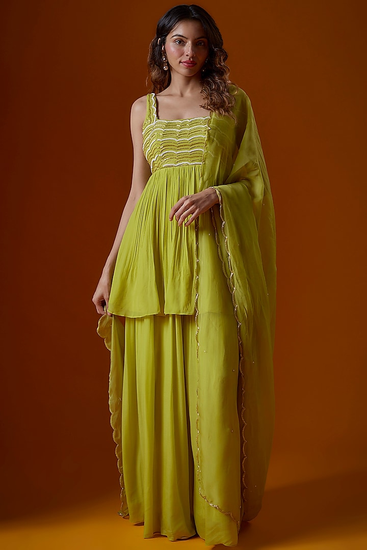 Lime Pure Crepe Sharara Set by Ease at Pernia's Pop Up Shop