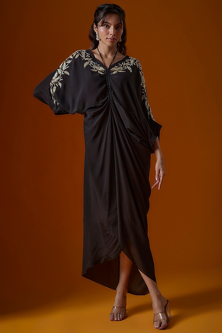 Black Pure Crepe Embroidered Kaftan by Ease