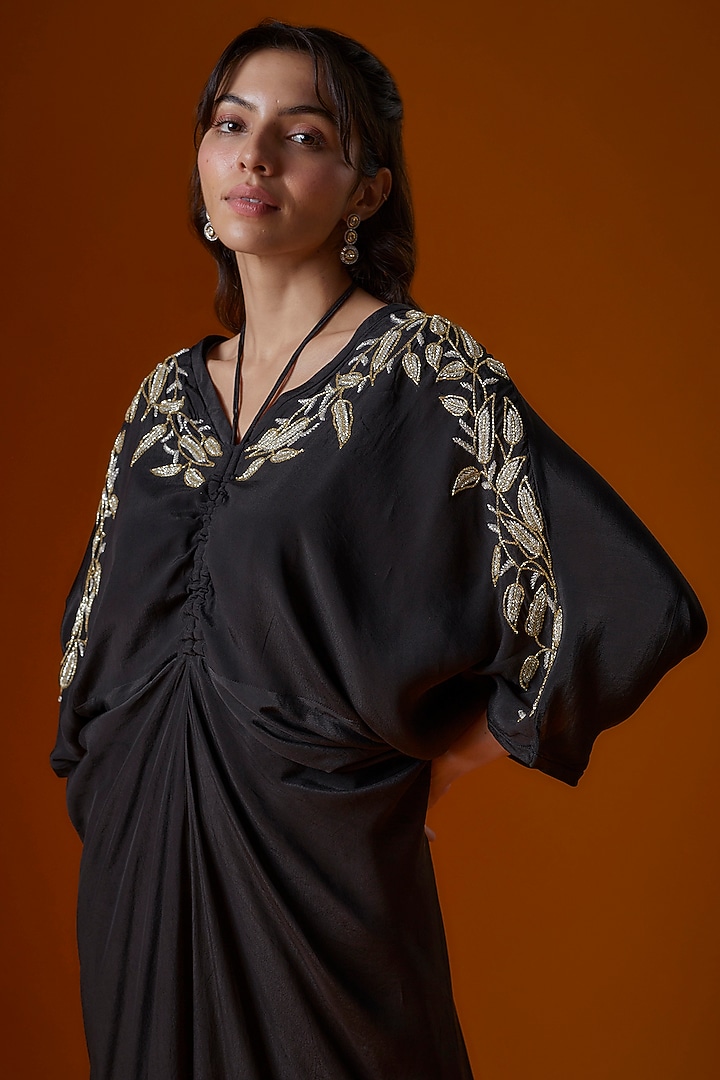 Black Pure Crepe Embroidered Kaftan by Ease at Pernia's Pop Up Shop