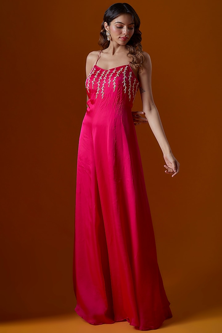 Red Satin Organza Embroidered Jumpsuit by Ease