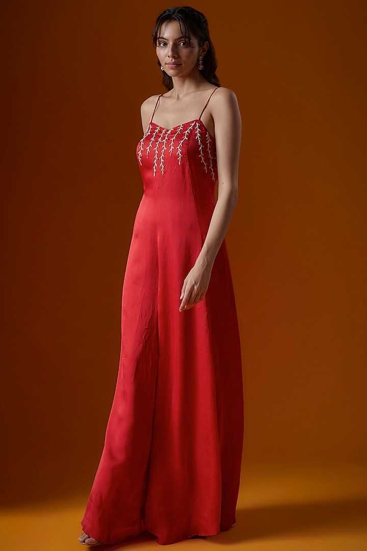 Red Satin Organza Embroidered Jumpsuit by Ease