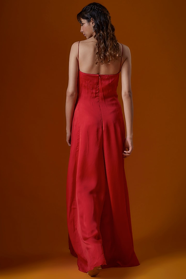 Red Satin Organza Embroidered Jumpsuit by Ease at Pernia's Pop Up Shop