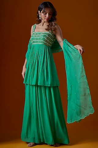 Turquoise Pure Crepe Sharara Set by Ease
