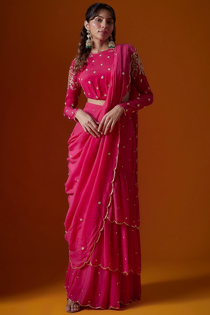 Rani Pink Pure Crepe Pre-Stitched Wedding Saree Set by Ease at Pernia's Pop Up Shop