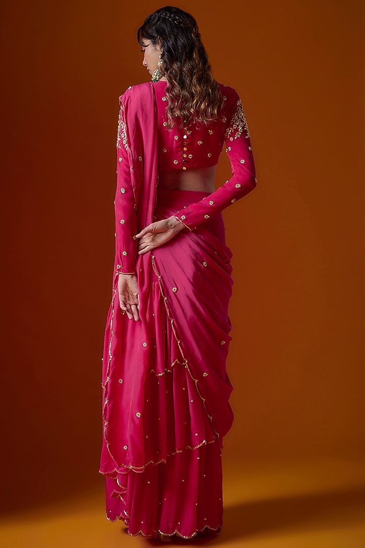 Rani Pink Pure Crepe Pre-Stitched Wedding Saree Set by Ease at Pernia's Pop Up Shop