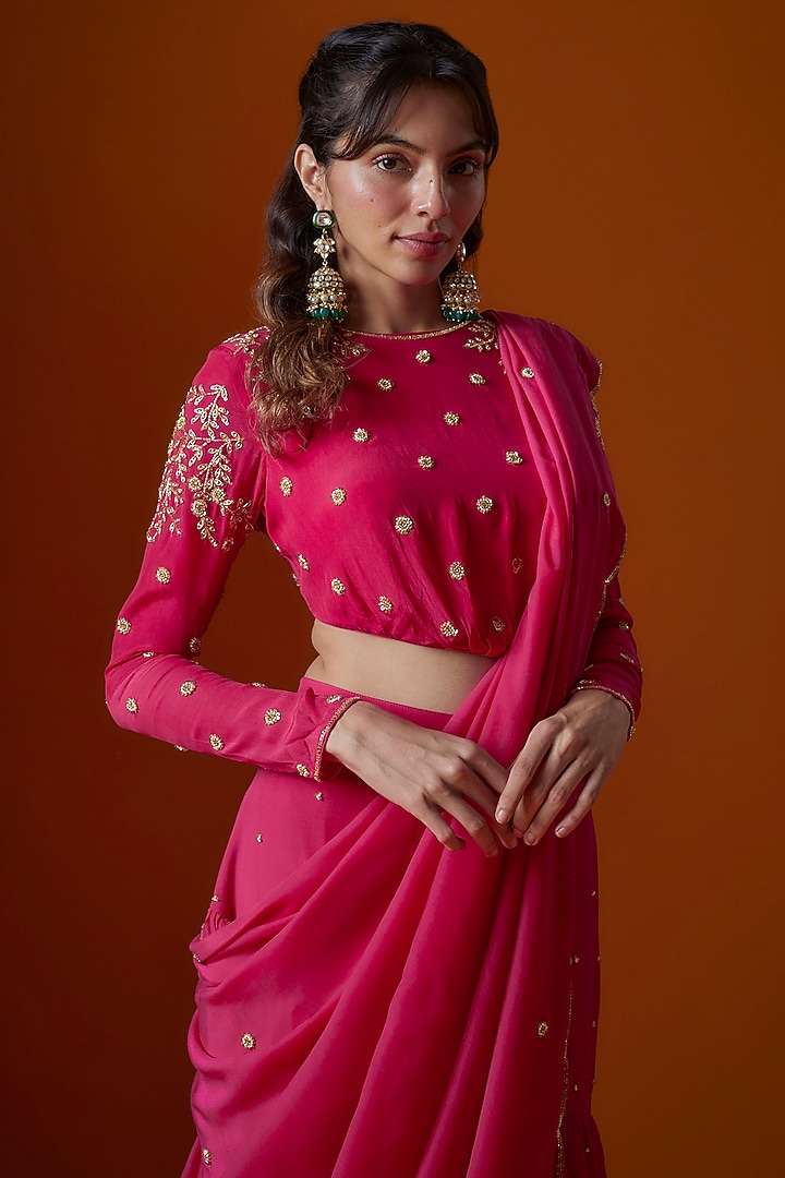 Rani Pink Pure Crepe Pre-Stitched Wedding Saree Set by Ease at Pernia's Pop Up Shop