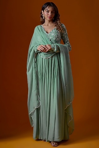 Dark Mint Pure Crepe Embroidered Anarkali Set by Ease