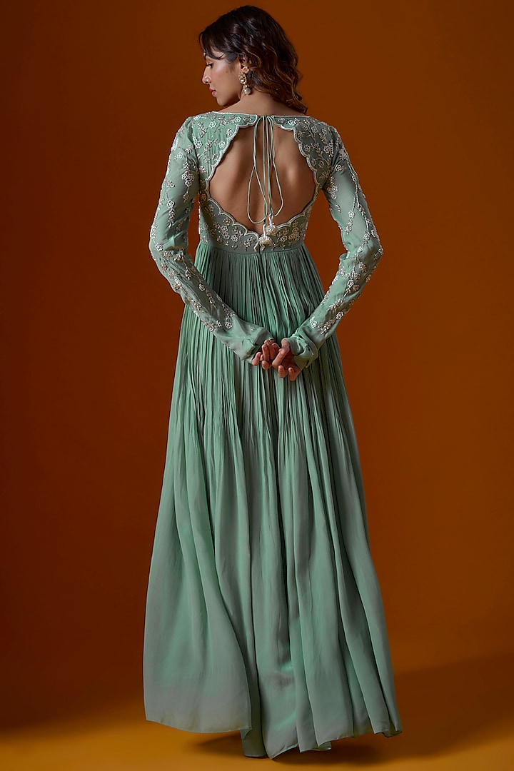 Dark Mint Pure Crepe Embroidered Wedding Anarkali Set by Ease at Pernia's Pop Up Shop