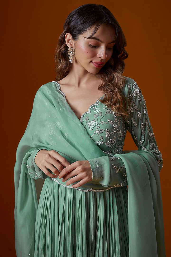 Dark Mint Pure Crepe Embroidered Wedding Anarkali Set by Ease at Pernia's Pop Up Shop