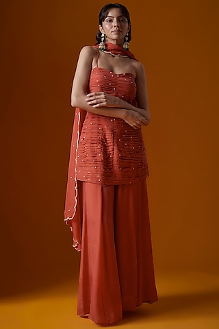 Rust Pure Crepe Sharara Set by Ease