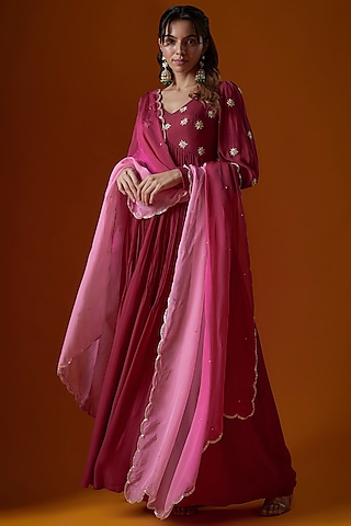Magenta Pink Pure Crepe Embroidered Anarkali Set by Ease