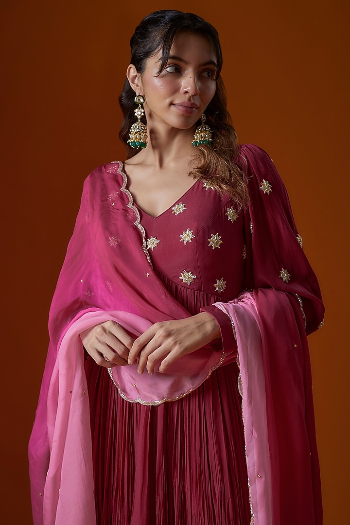 Magenta Pink Pure Crepe Embroidered Wedding Anarkali Set by Ease at Pernia's Pop Up Shop