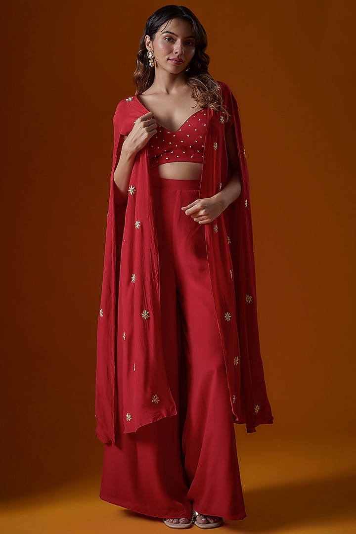 Red Pure Crepe Embroidered Jacket Set by Ease