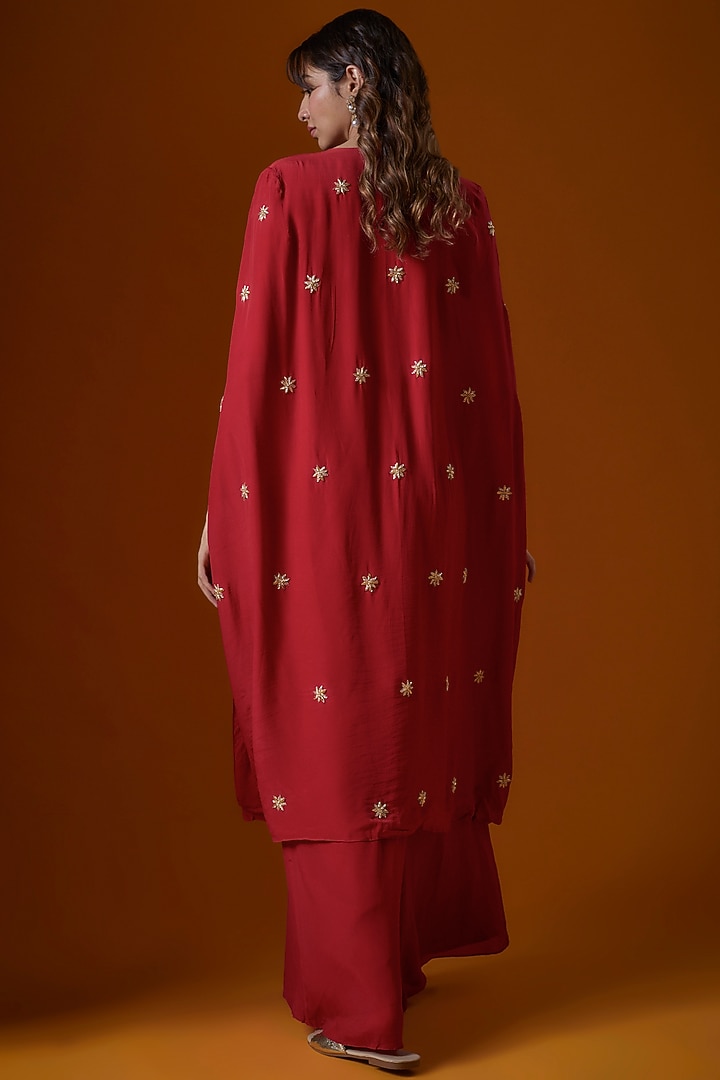 Red Pure Crepe Embroidered Jacket Set by Ease at Pernia's Pop Up Shop