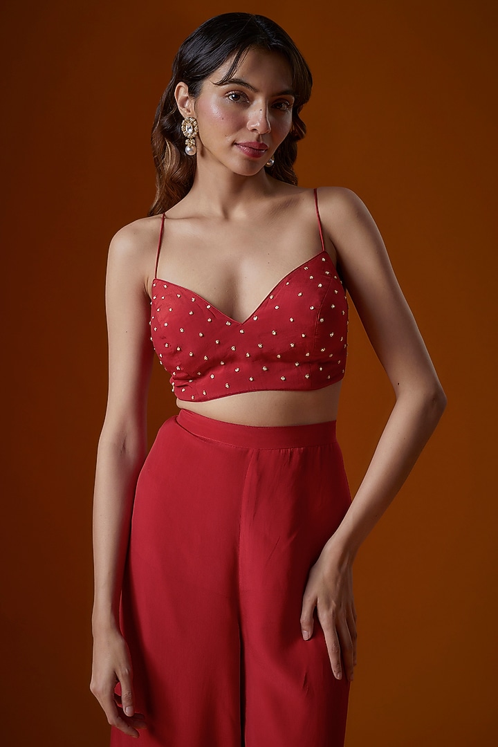 Red Pure Crepe Embroidered Jacket Set by Ease at Pernia's Pop Up Shop