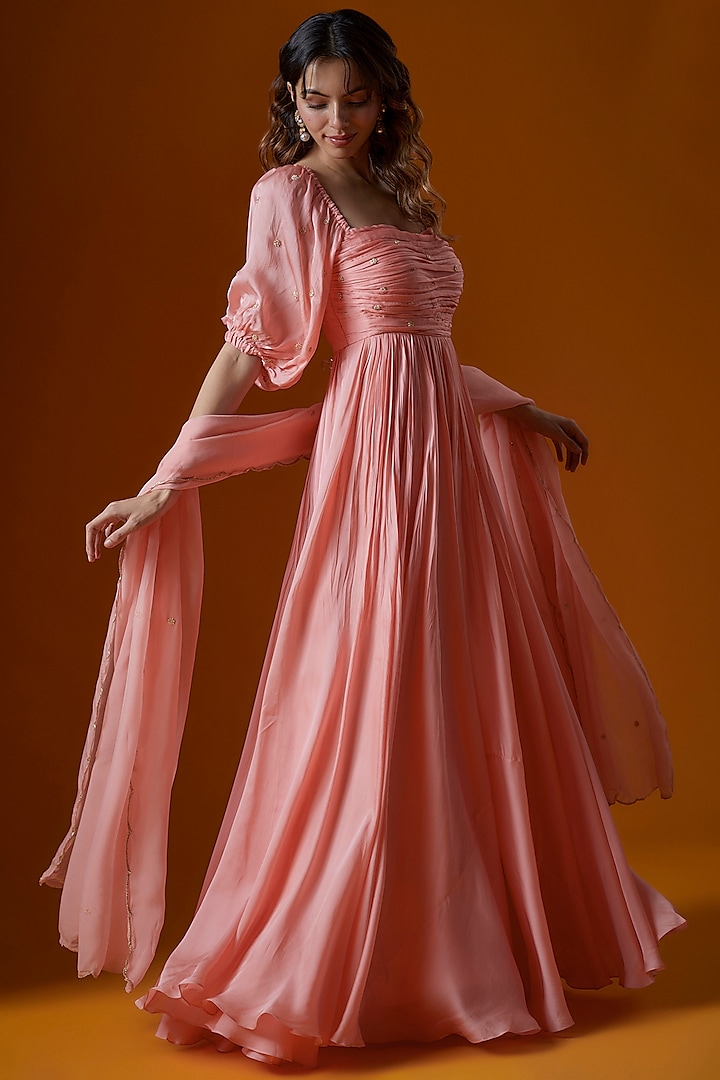 Peach Pure Crepe Embroidered Wedding Anarkali Set by Ease at Pernia's Pop Up Shop