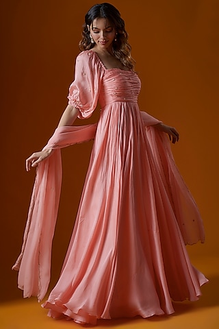Peach Pure Crepe Embroidered Anarkali Set by Ease