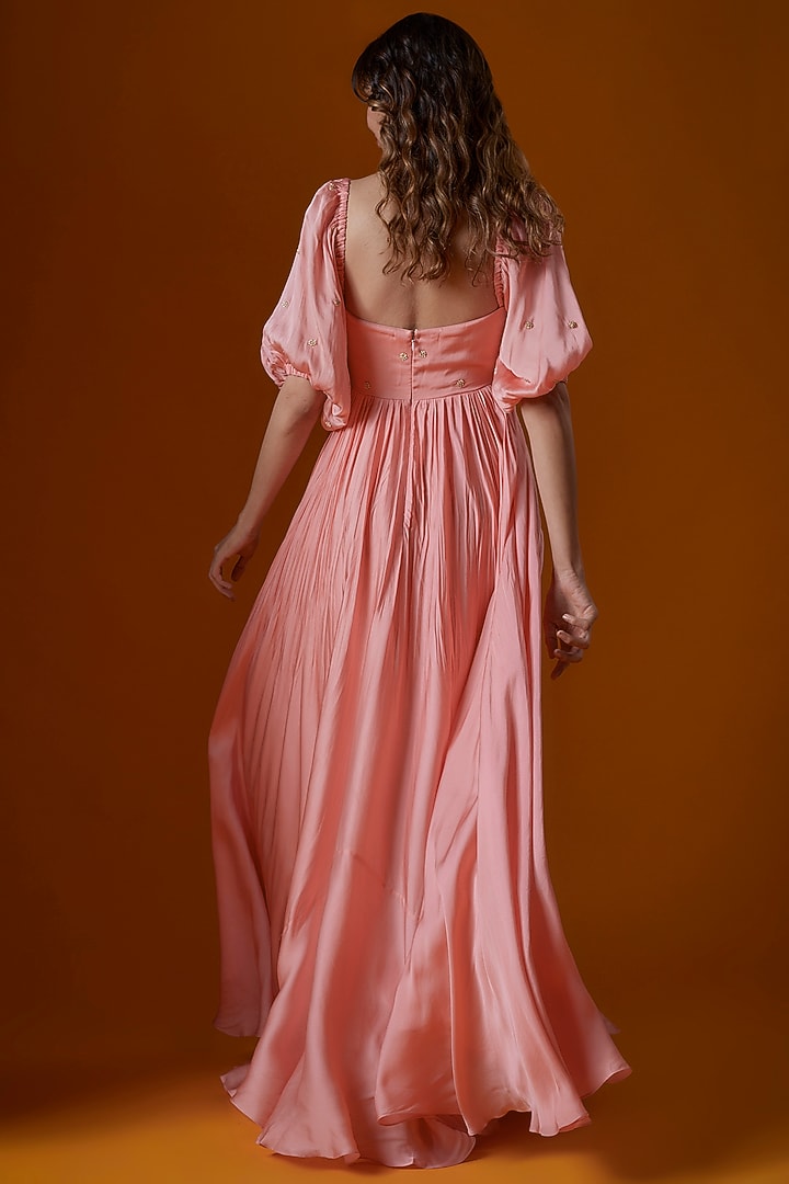 Peach Pure Crepe Embroidered Wedding Anarkali Set by Ease at Pernia's Pop Up Shop