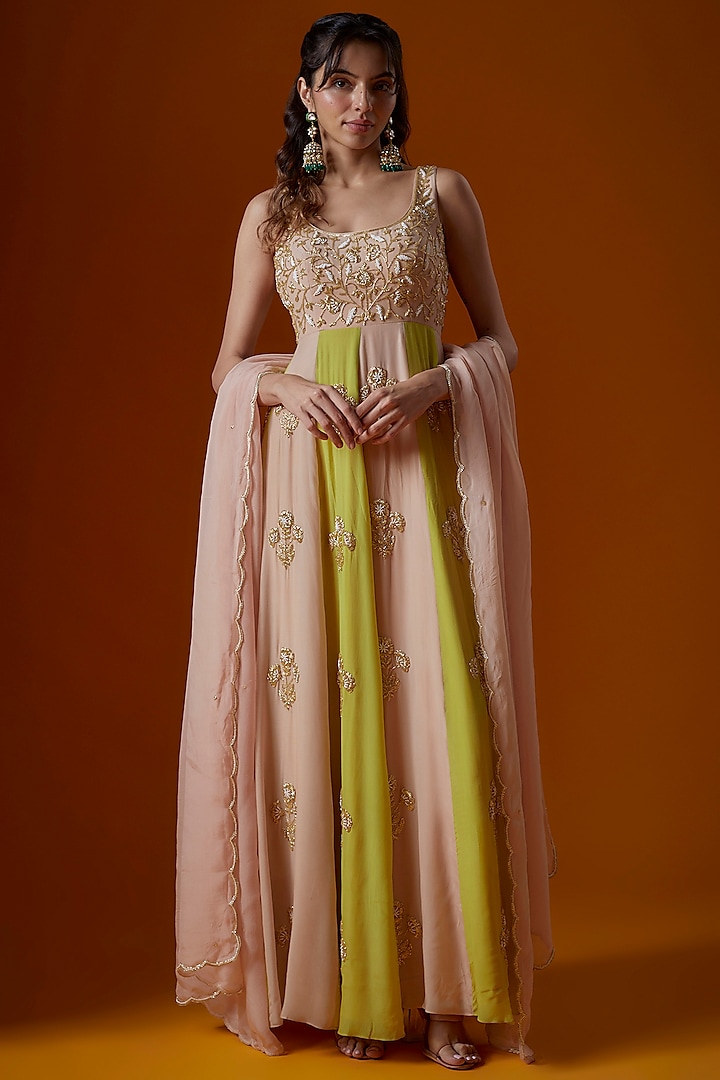 Baby Pink Pure Crepe Embroidered Anarkali Set by Ease