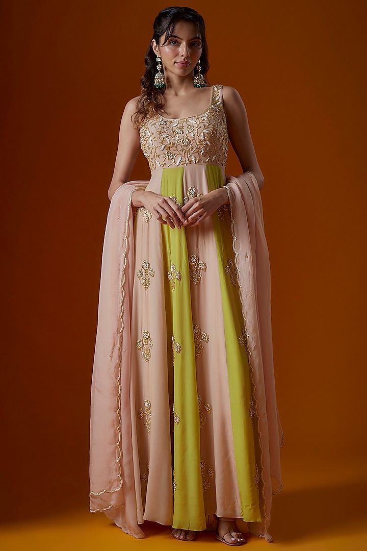 Baby Pink Pure Crepe Embroidered Anarkali Set by Ease at Pernia's Pop Up Shop