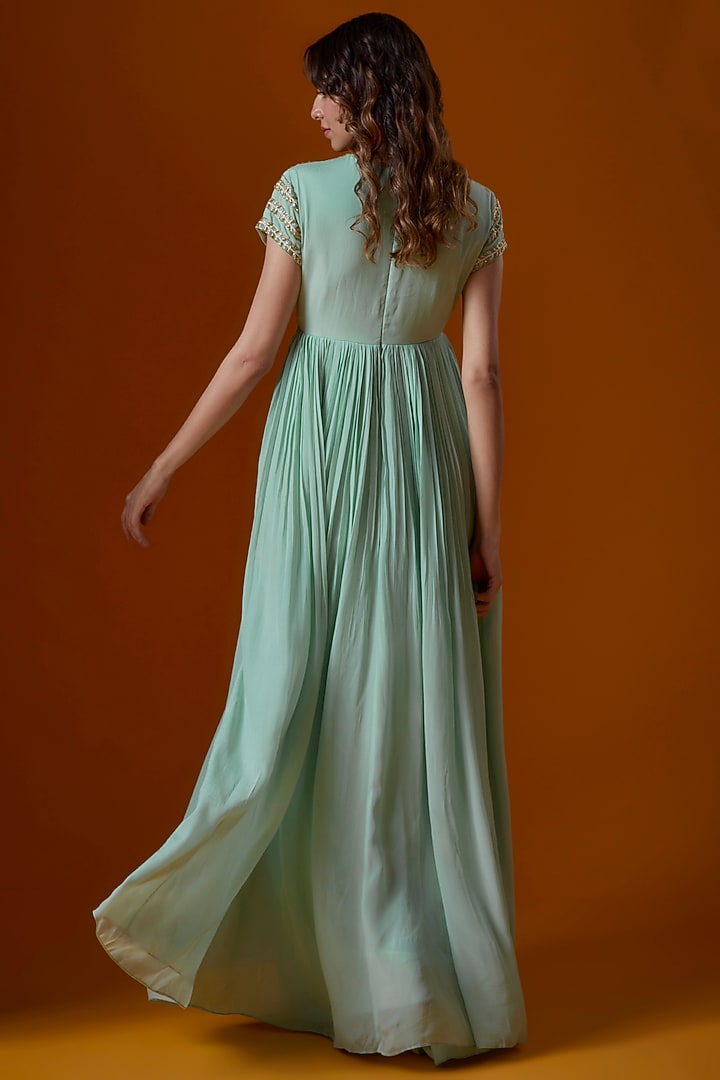 Mint Blue Pure Crepe Embroidered Wedding Anarkali Set by Ease at Pernia's Pop Up Shop