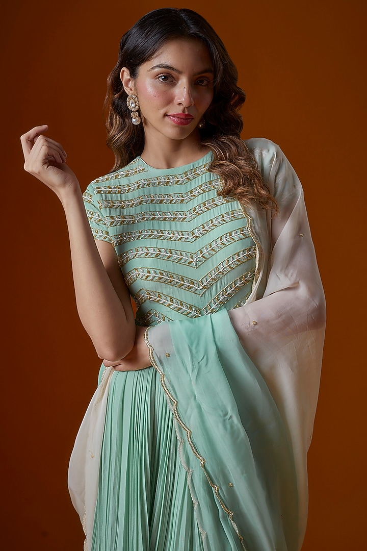 Mint Blue Pure Crepe Embroidered Wedding Anarkali Set by Ease at Pernia's Pop Up Shop
