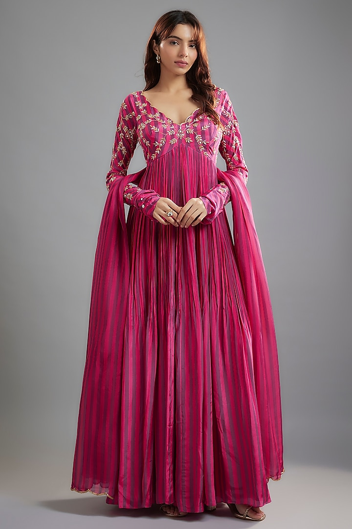 Pink-Purple Pure Crepe Floral Jaal Embroidered Anarkali Set by Ease at Pernia's Pop Up Shop