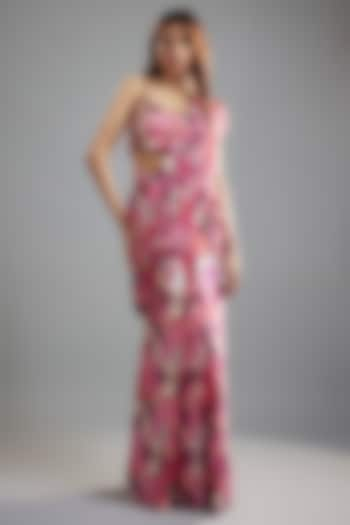 Pink-Purple Viscose Organza & Raw Satin Floral Printed Pre-Draped Saree Set by Ease at Pernia's Pop Up Shop