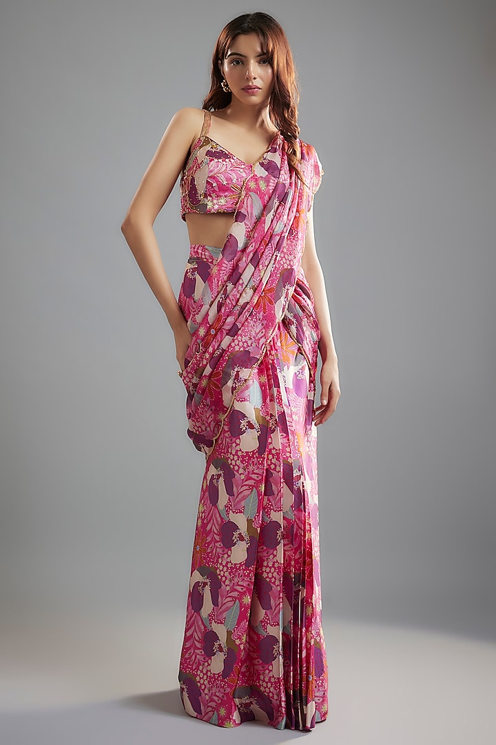 Pink-Purple Viscose Organza & Raw Satin Floral Printed Pre-Draped Saree Set by Ease at Pernia's Pop Up Shop