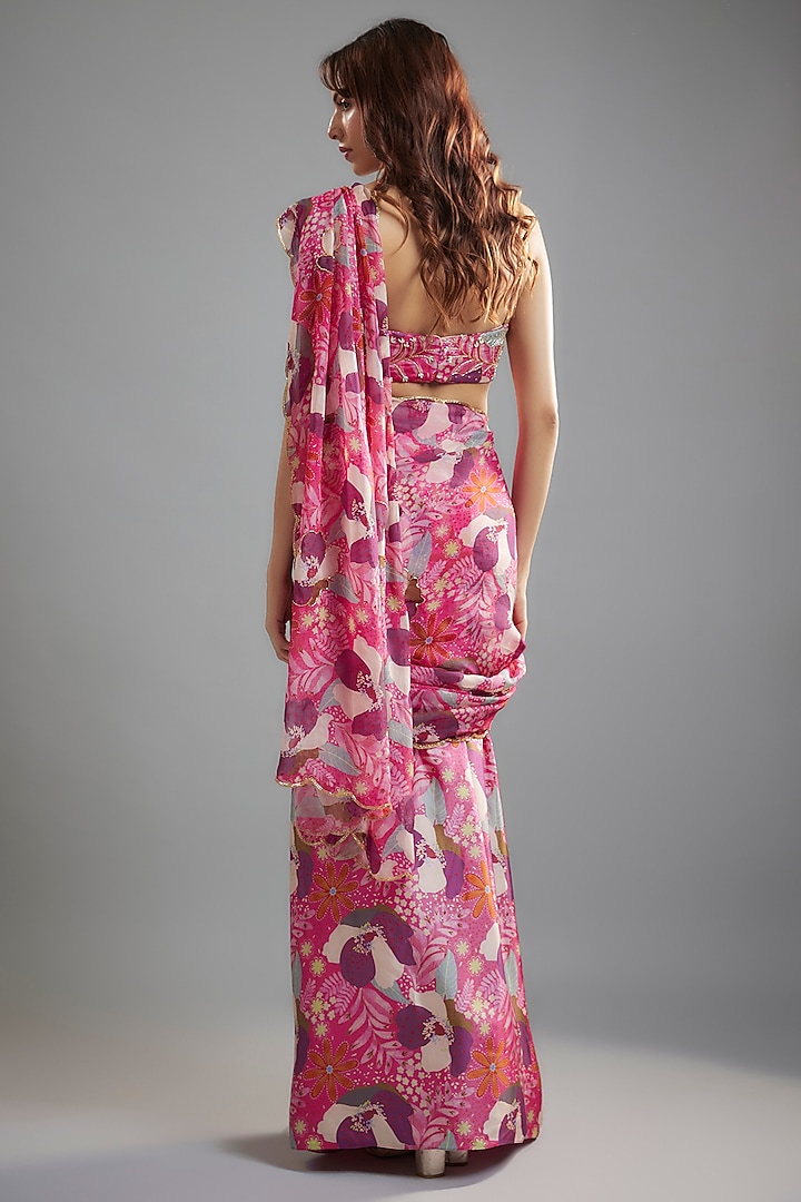 Pink-Purple Viscose Organza & Raw Satin Floral Printed Pre-Draped Wedding Saree Set by Ease at Pernia's Pop Up Shop