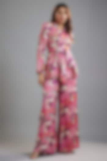 Pink-Purple Raw Satin Floral Printed Co-Ord Set by Ease at Pernia's Pop Up Shop