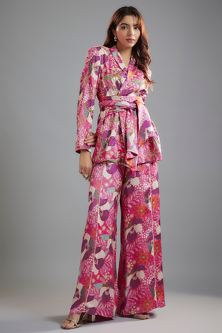 Pink-Purple Raw Satin Floral Printed Co-Ord Set by Ease at Pernia's Pop Up Shop