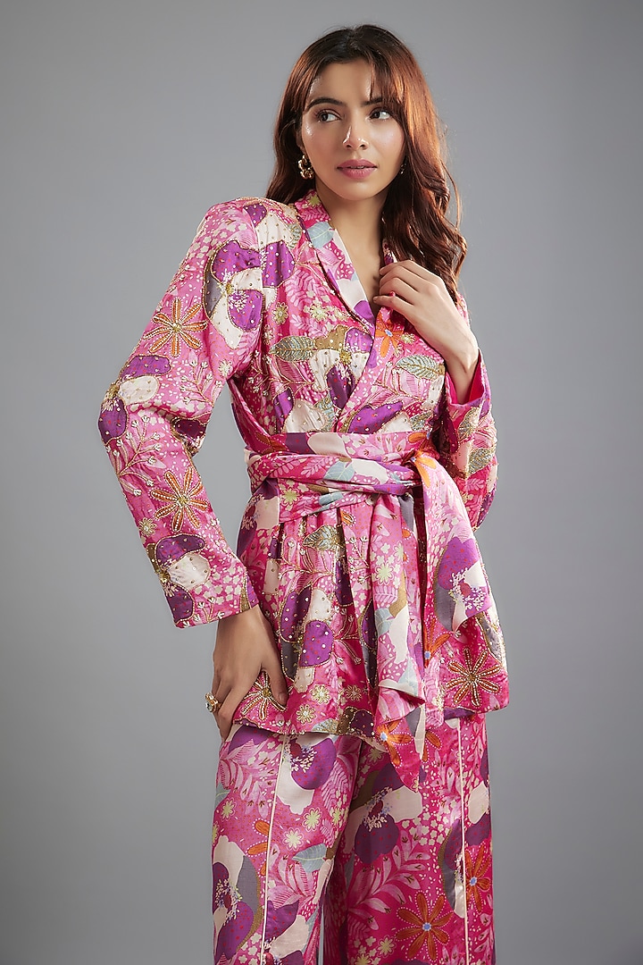 Pink-Purple Raw Satin Floral Printed Co-Ord Set by Ease at Pernia's Pop Up Shop