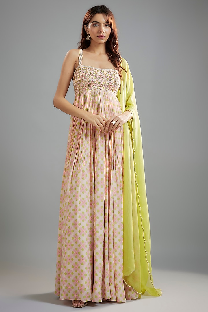 Baby Pink Pure Crepe Floral Printed & Pearl Embroidered Anarkali Set by Ease at Pernia's Pop Up Shop