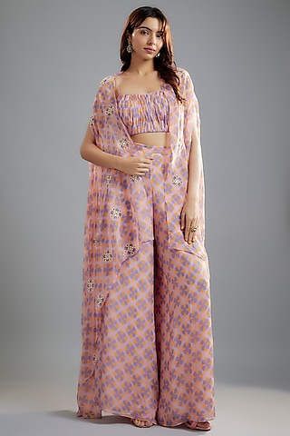 Baby Pink Viscose Organza Floral Printed & Bead Embroidered Jacket Set by Ease