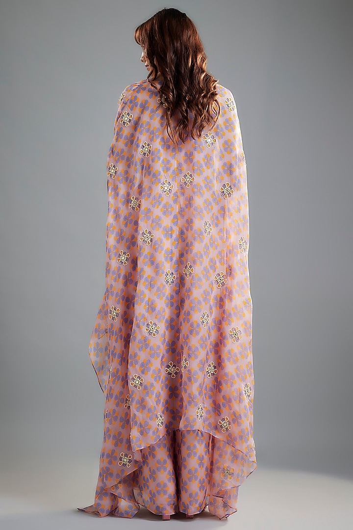 Baby Pink Viscose Organza Floral Printed & Bead Embroidered Jacket Set by Ease at Pernia's Pop Up Shop