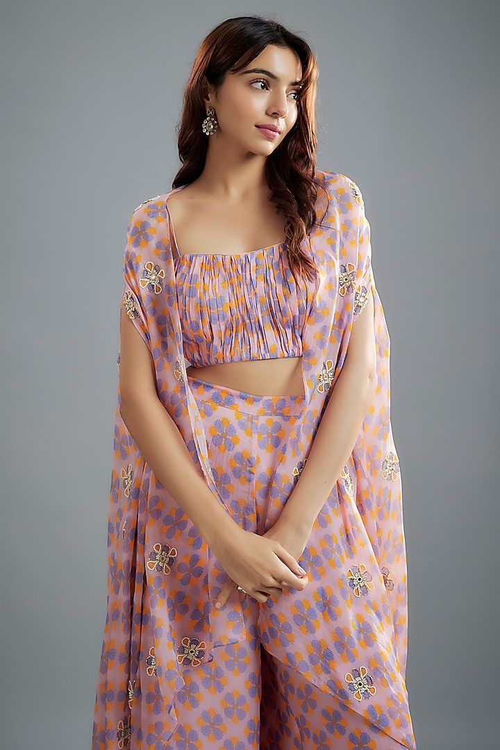 Baby Pink Viscose Organza Floral Printed & Bead Embroidered Jacket Set by Ease at Pernia's Pop Up Shop
